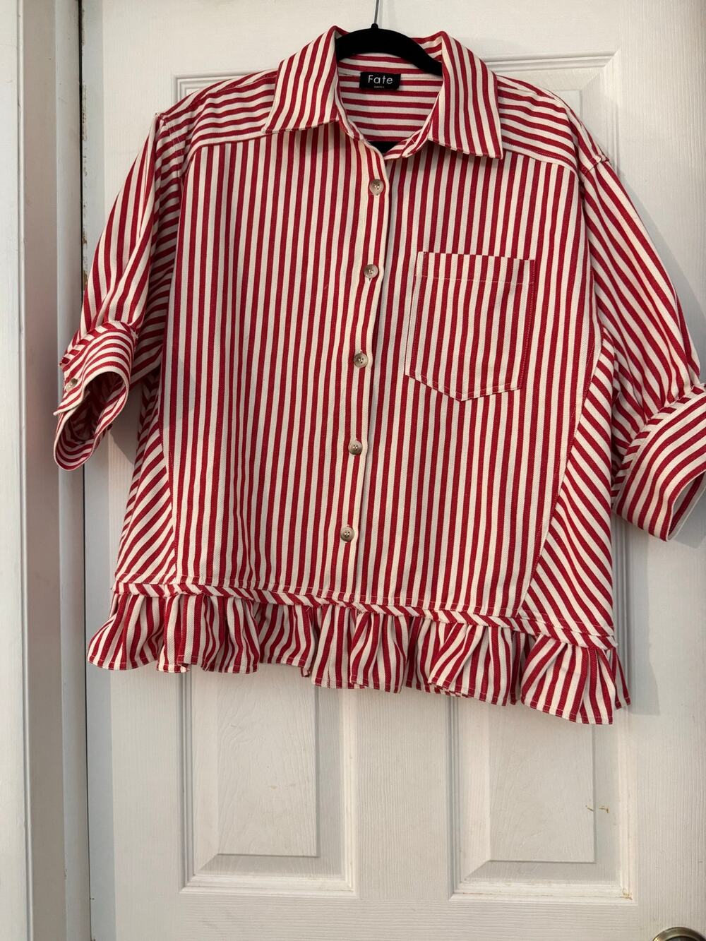 Fate Red White Striped Ruffle Hem Button Down Blouse Size Small Elbow Sleeve